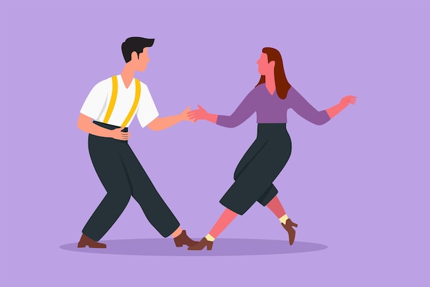 Graphic flat design drawing people dancing salsa Young man and woman in dance together Pairs of dancer with waltz tango and salsa styles move happy couple dancing Cartoon style vector illustration