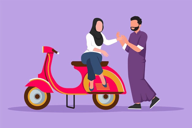 Graphic flat design drawing riders couple trip travel Romantic honeymoon moments sitting and talking on motorcycle Arabian man with beautiful woman riding scooter Cartoon style vector illustration