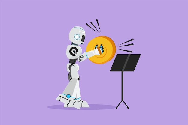 Graphic flat design drawing robot musician playing cymbals percussion musical instrument Technology development Artificial intelligence machine learning processes Cartoon style vector illustration