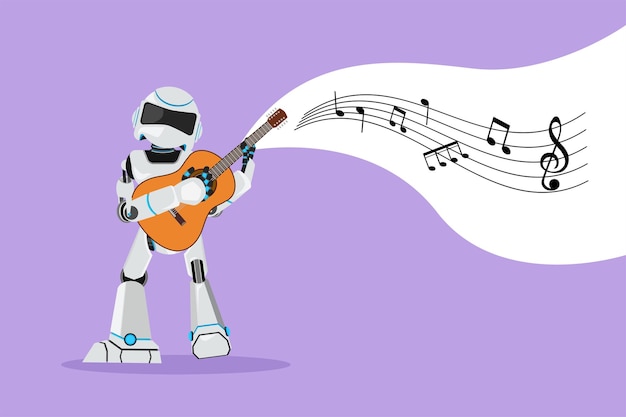 Graphic flat design drawing robot playing ukulele or small guitar and singing having fun Robotic artificial intelligence character Electronic technology industry Cartoon style vector illustration