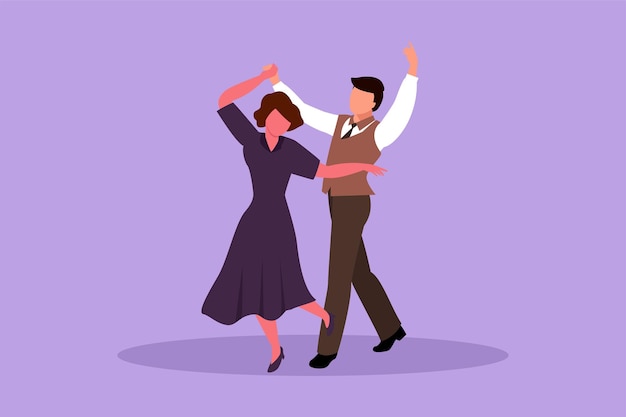 Graphic flat design drawing romantic man and woman professional dancer couple dancing tango waltz dances on dancing contest dancefloor Happy male and female dance Cartoon style vector illustration