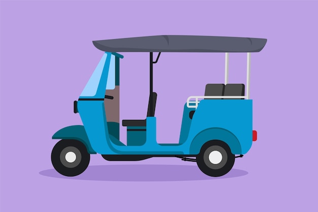 Graphic flat design drawing side view of Thai tuk tuk serving foreign passengers who are traveling in Thailand Become a tourism icon and traditional transportation Cartoon style vector illustration