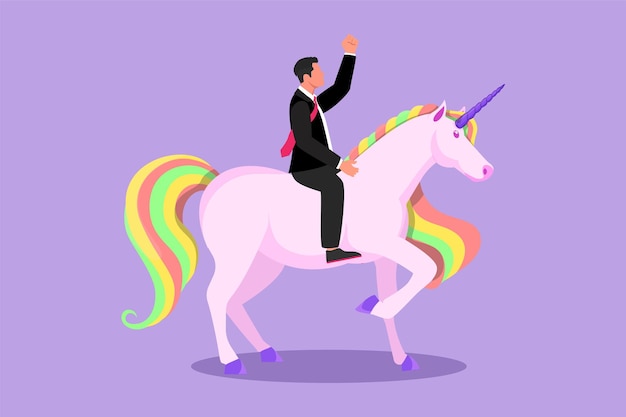 Graphic flat design drawing smart businessman riding unicorn symbol of success Business startup concept looking a goal achievement leadership Business metaphor Cartoon style vector illustration