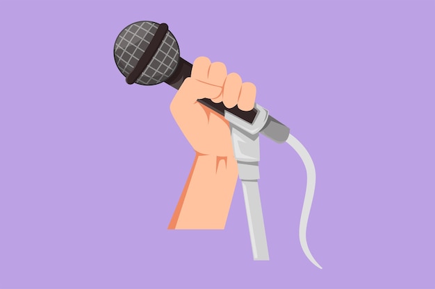 Vector graphic flat design drawing stylized singer hand using microphone logo karaoke people sings the song to microphone stand up comedian holding microphone in his hand cartoon style vector illustration