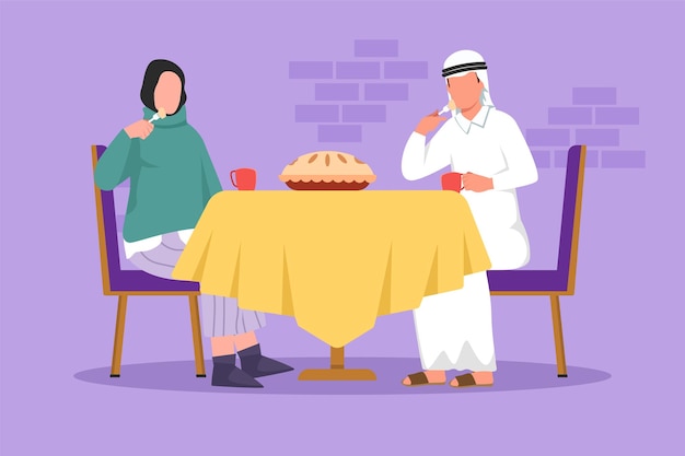 Graphic flat design drawing tea time with cake Happy Arab couple sitting and talking drinks and eat Apartment room friend evening with cookie coffee Cozy home Cartoon style vector illustration