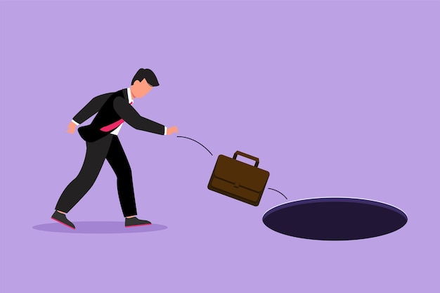 Graphic flat design drawing young businessman throws briefcase into hole Failure to take advantage of business opportunities Depressed and business failure concept Cartoon style vector illustration