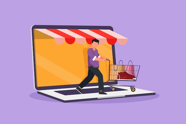 Graphic flat design drawing of young man coming out of laptop screen and pushing shopping cart Sale digital lifestyle consumerism marketing Online store concept Cartoon style vector illustration