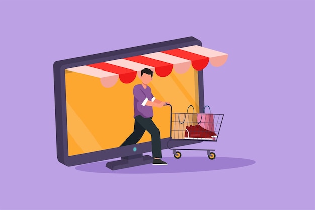 Graphic flat design drawing young man coming out of monitor screen pushing shopping cart Sale digital lifestyle consumerism concept Online store app technology Cartoon style vector illustration