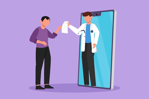 Graphic flat design drawing young man patient receiving prescription from male doctor coming out of smartphone screen Online medical healthcare consultation concept Cartoon style vector illustration