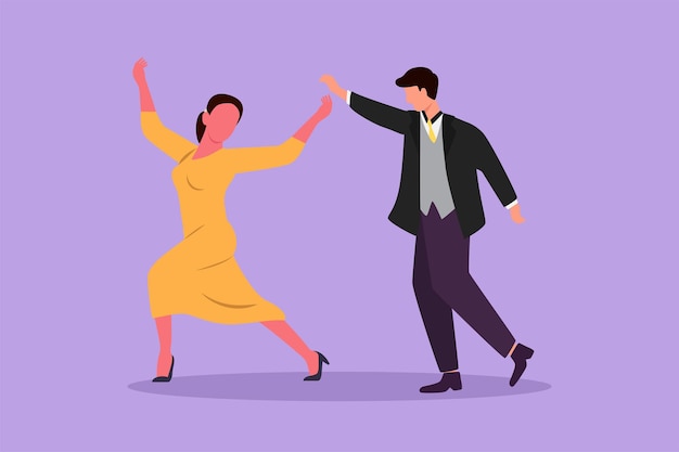 Graphic flat design drawing young man and woman professional dancer couple dancing tango waltz dances on dancing contest dancefloor Couple dance with elegant style Cartoon style vector illustration