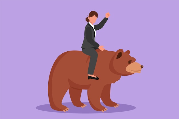 Graphic flat design drawing young pretty businesswoman rides on bear in stock market trading concept stock market analysis business and investment stock exchange Cartoon style vector illustration