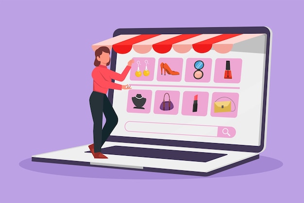 Graphic flat design drawing young woman choosing shopping items on a giant laptop screen Digital lifestyle with internet and gadget concept Online store technology Cartoon style vector illustration