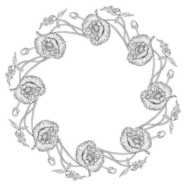 Graphic flower composition. Flowers of poppies. Wreath