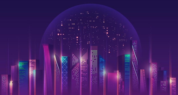 Graphic of futuristic city with outer space and purple planet as a background