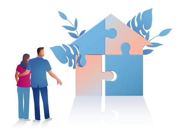 Graphic illustration of a couple looking at house made from puzzle