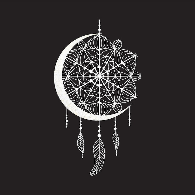 Graphic illustration Textural art of a dream catcher on the moon Drawings of stars for clothes