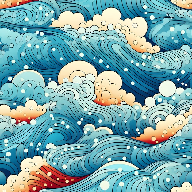 Graphic illustration waves and dots high detailed Seamless flat bright colors pattern