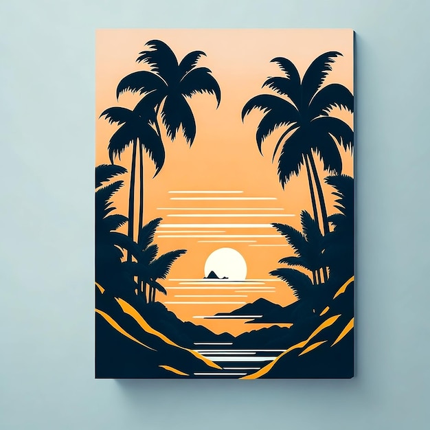 graphic logo illustration Hawaiian Sunset with palm trees white solid background drop shadow