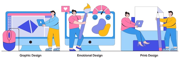 Graphic and print design, emotional engagement concept with tiny people. Design services vector illustration set. Landing web page, freelance illustrator, user experience, business card metaphor.