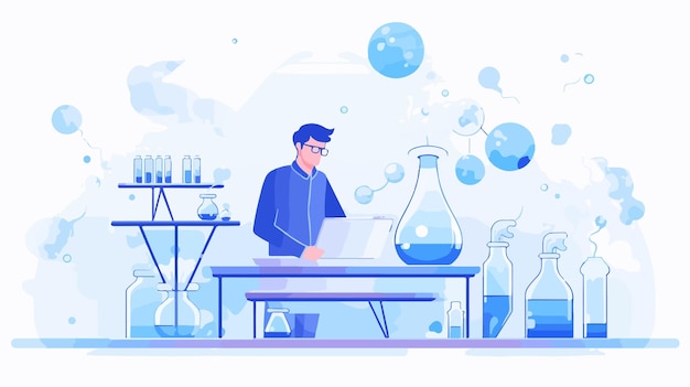 Vector a graphic of a scientist working in a lab with a bottle of liquid