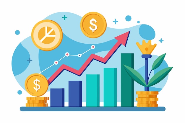 A graphic showcases upward financial trends featuring coins charts and a plant symbolizing growth and investment strategies