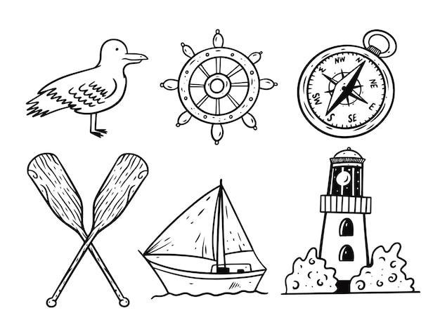 Graphic style doodle sea objects set.