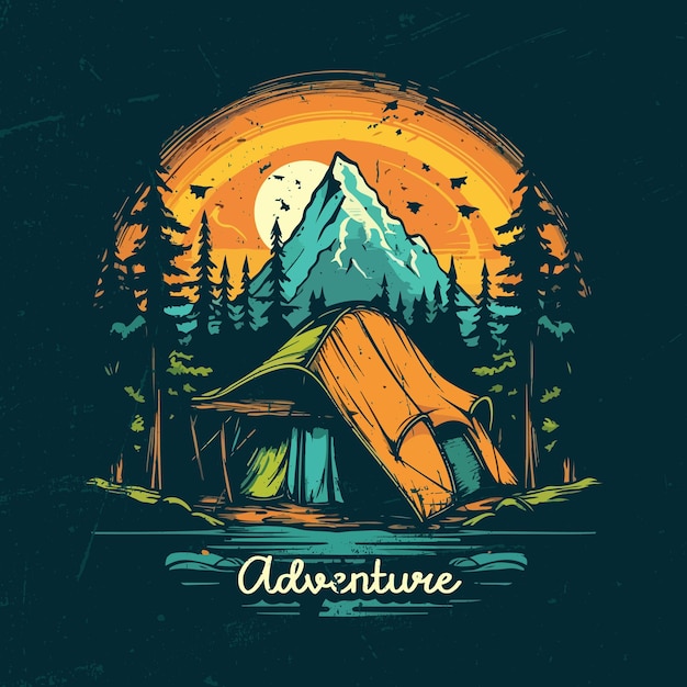 A graphic of a tent with the word adventure on it