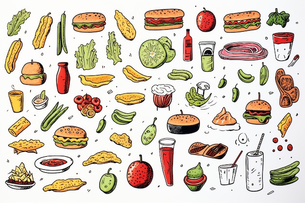 a graphic of a variety of food including a variety of vegetables and drinks