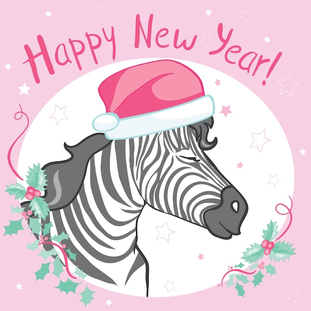 Graphical zebra in Santa Claus hat isolated on white backgroundvector new year illustration