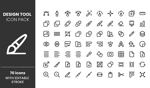 Graphics design UI app icons pack in black outline color style