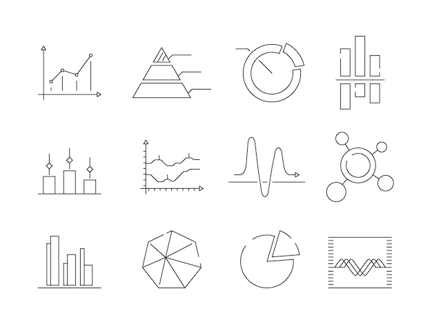 Graphs charts icons. Business statistics graphic outline vector symbols isolated