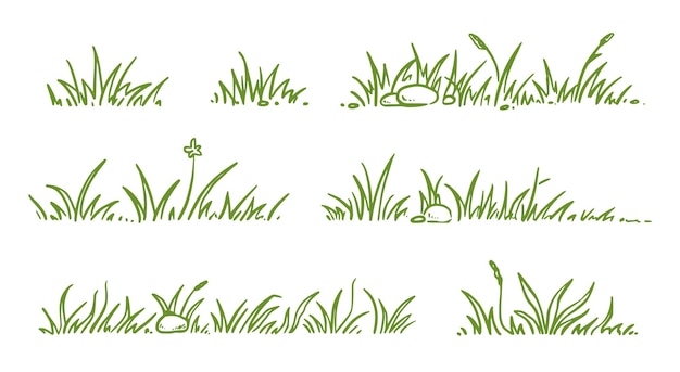 Grass doodle sketch style set Hand drawn green grass field outline scribble background Sprout