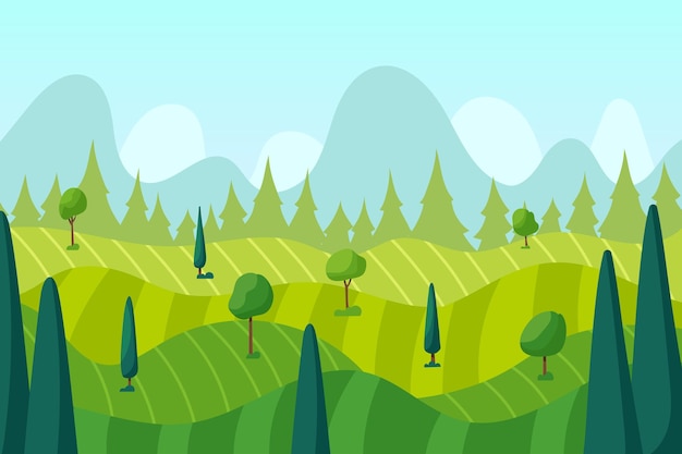 Grass fields landscape Scenic sky Spring hills with green trees Meadow lands Countryside grassland Summer scene Mountains skyline silhouettes Vector cartoon garish background