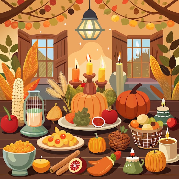 Vector gratitude and gathering a thanksgiving setting