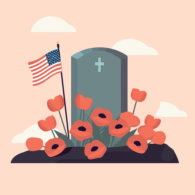 Vector grave in cemetery with red flowers and flag of the united states