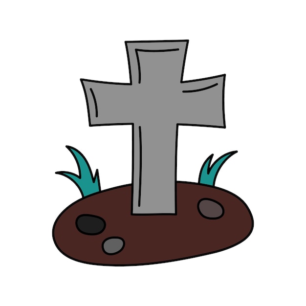 Grave cross isolated doodle vector illustration Scary Halloween design element Colored hand drawn outline tomb