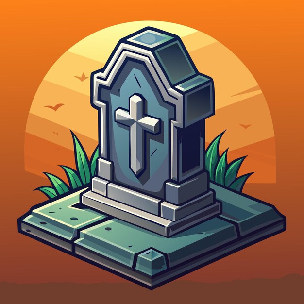 Vector a grave with a cross on it and a sunset background