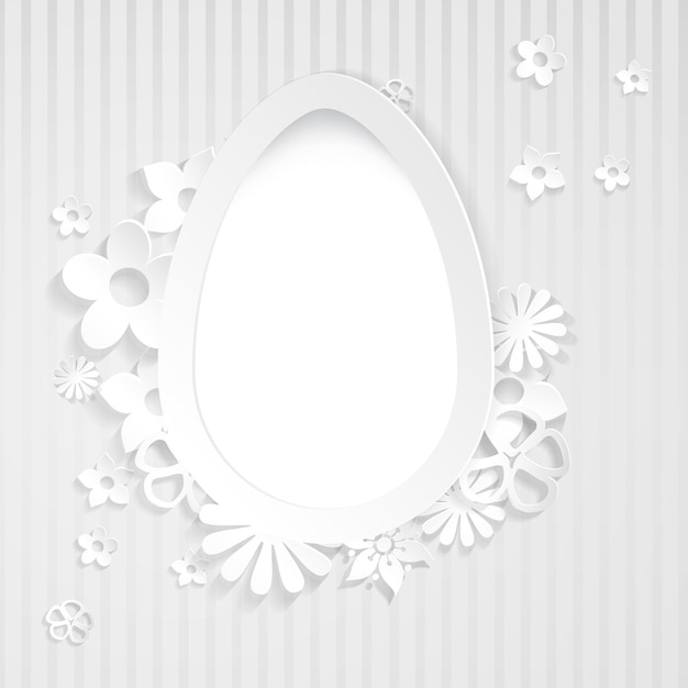 Gray background with white egg and flowers cut out of paper