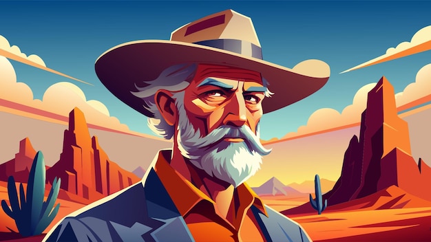 Vector a gray bearded man wearing a cowboy hat in the arizona desert vector illustration flat 2