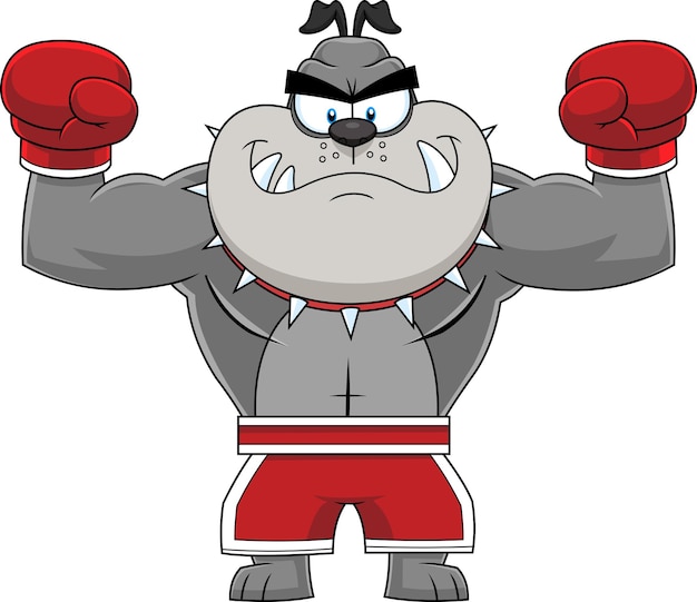 Gray Bulldog Cartoon Character Boxing Champion In Red Boxing Shorts Wearing Red Boxing Gloves.