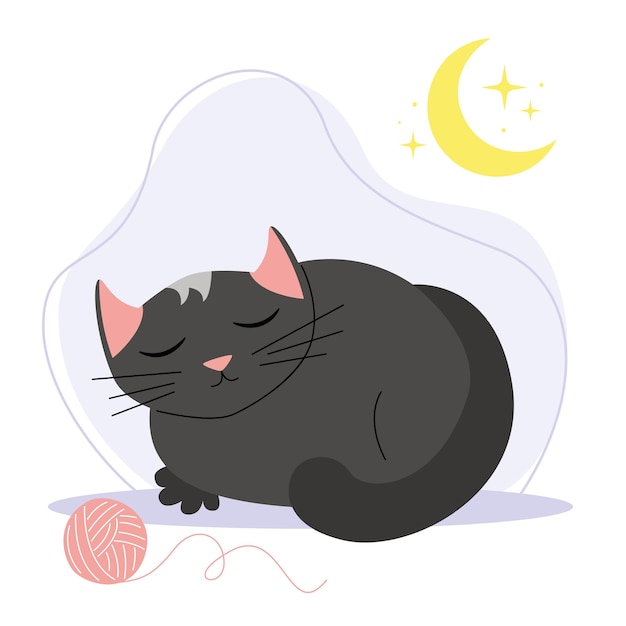 Gray cat sleeps on a purple background with the moon and stars. Vector illustration.