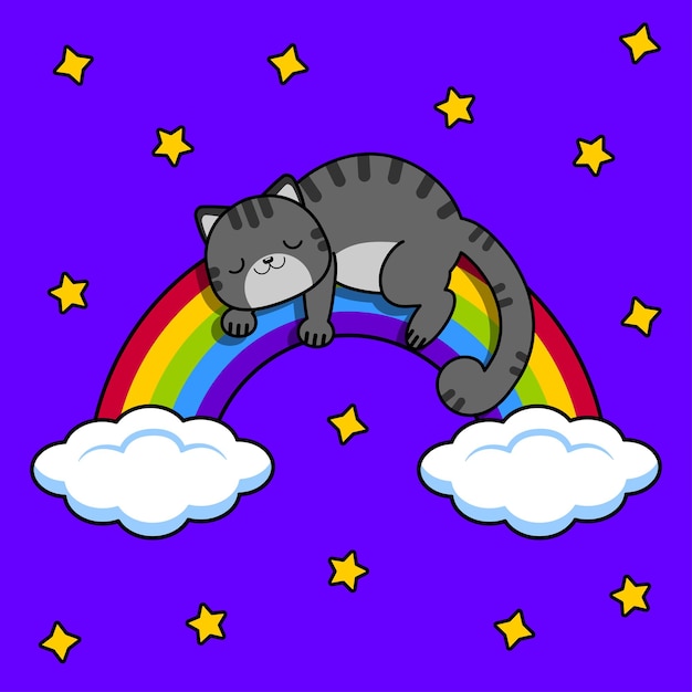 Gray cat sleeps on a rainbow Night sky and stars Vector illustration