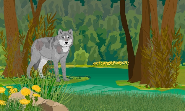 A gray European wolf stands on the shore of a forest swamp. Realistic vector landscape