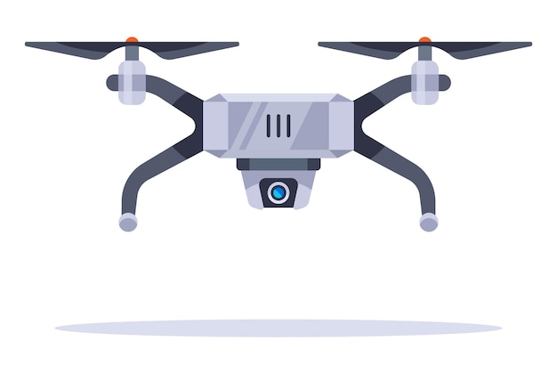 Gray flying drone with a video camera on the body. flat vector illustration.