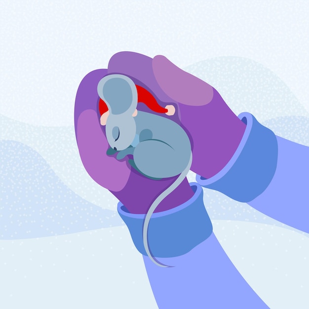 A gray mouse, in a red New Year's hat, sleeps in the hands of a person. Stylized animal