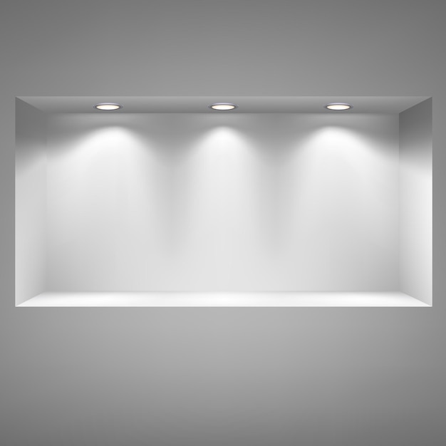 Gray niche for presentations with illuminated light. Drawn with mesh tool. Fully adjustable and scalable, vector illustration.