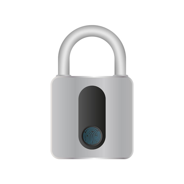 Gray padlock with fingerprint scanner. A modern lock is opened with a fingerprint. Isolated. Vector.