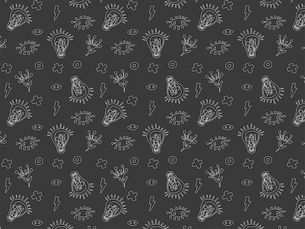 Gray pattern with doodle drawings Modern grunge pattern with light bulbs and eyes