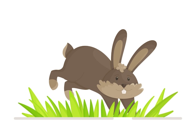 A gray rabbit hopping in the grass Vector illustration of a jumping cute bunny