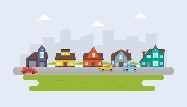 Gray red blue and yellow cottages against the backdrop of the city vector illustration